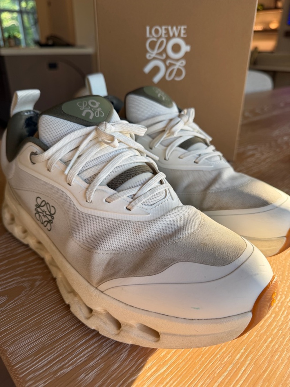 Loewe 2 Cloudtilt White and Olive Green Khaki Running Sneakers